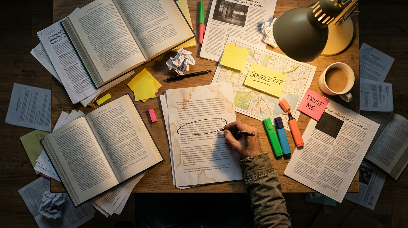 Desk covered in books, notes, and deeply unserious research materials